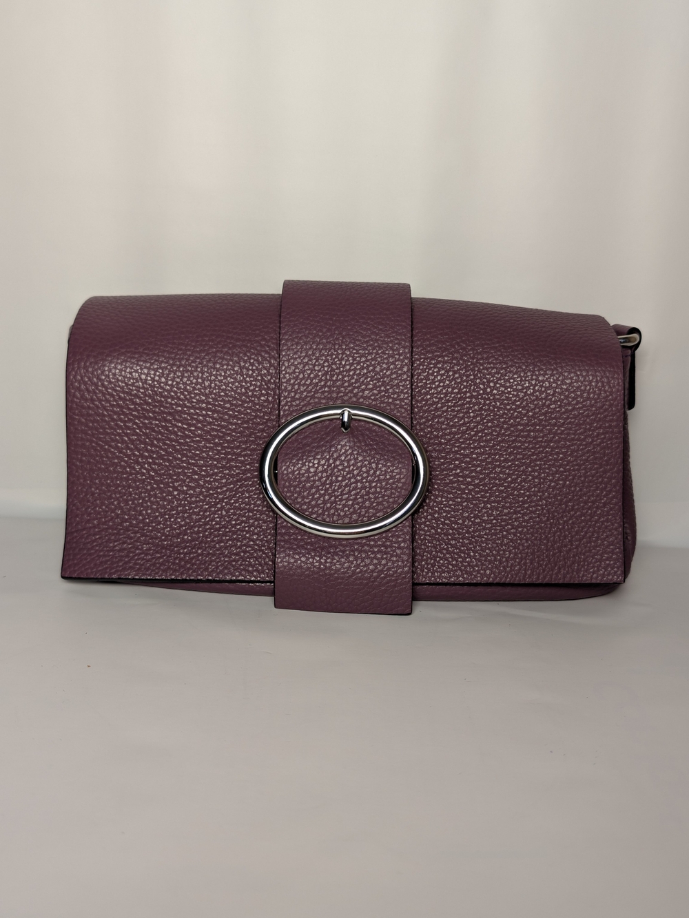 Pebble-Grain Plum Leather Wristlet Clutch with Silver Ring
